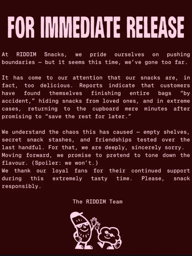 Riddim Snacks apology copy