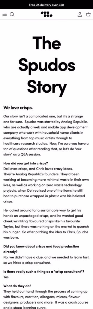 Spudos’ 10/10 brand story page